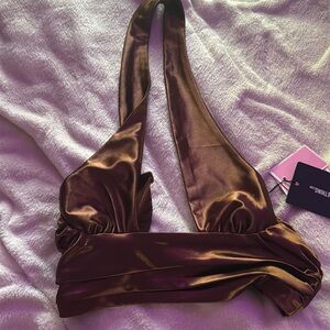Brown satin cut out crop